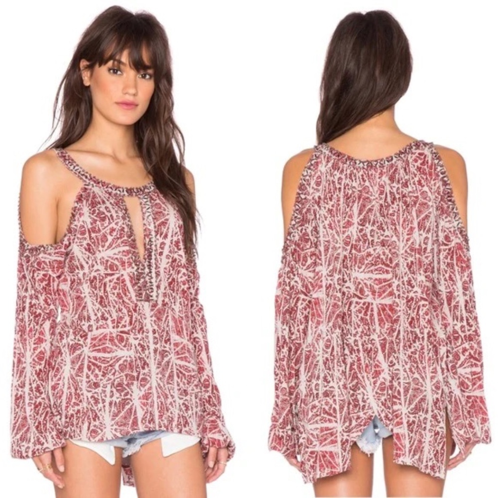 FREE PEOPLE GOOD MORNING EMBELLISHED Size Small TUNIC TOP Red Cold Shoulder L/S